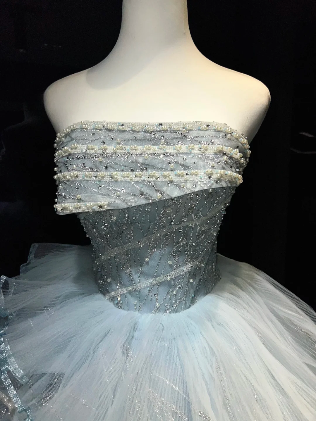 Light Ice Blue Sparkly Tulle Long Evening Gown Strapless Tiered Puffy Ball Gown Prom Dress  NV7069