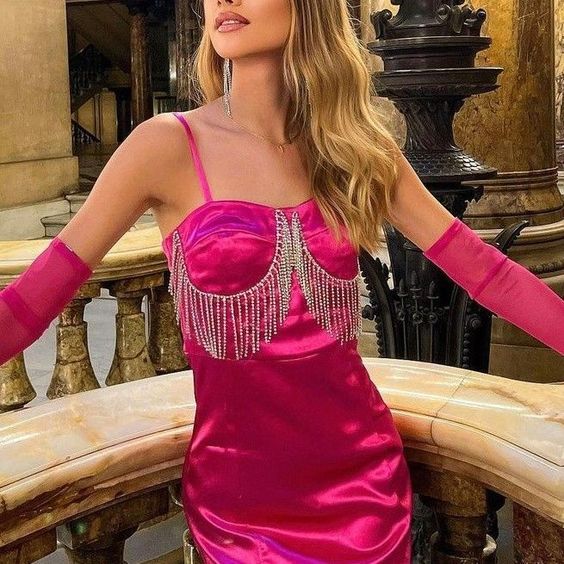 Robe de soirée courte et fine Barbie rose à la mode, robe de soirée, robe de soirée, robe de soirée, avec chaîne et gants, nv2355