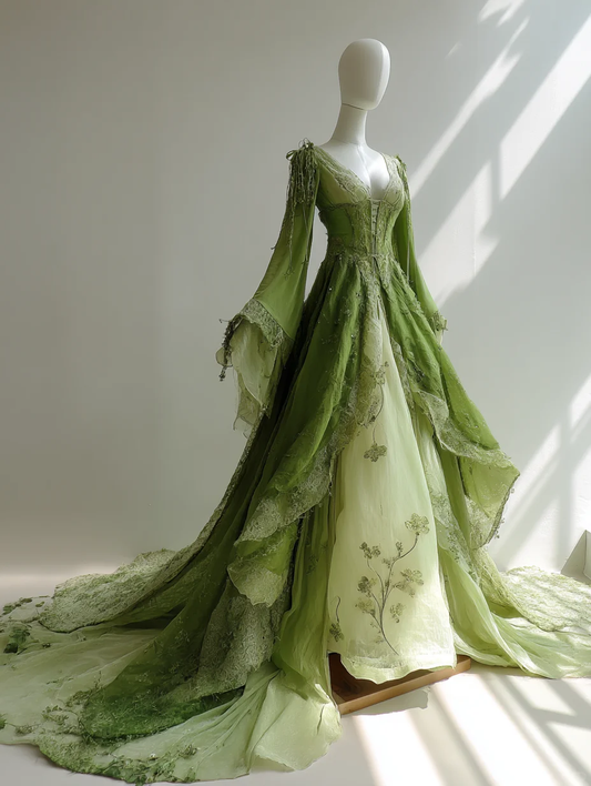 Ombre Green Vintage Fairy Ball Gown with Bell Sleeves and Corset Waist  NV7499