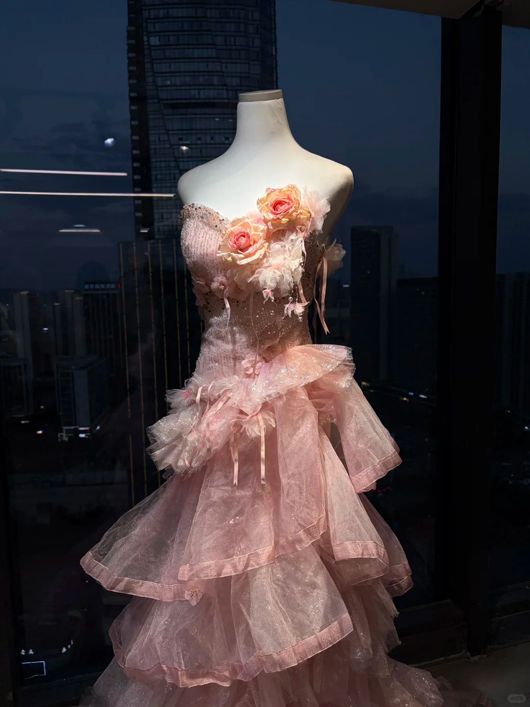 Strapless Pink Mermaid Prom Dress Hand Beaded Rhinestone 3D Flower Tiered Glitter Tulle Train  NV7038