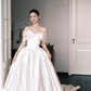 Off Shoulder Ivory Satin Wedding Gown, Tulle Sleeve Bow Corset Ballgown Bridal Dress  NV7391