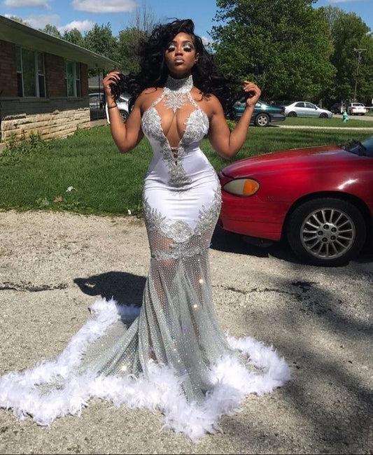 Robe de soirée longue élégante et sexy à col en V de luxe blanche nv2844