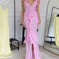 Rosa Spaghettiträger Rüschen Maxikleid Langes Partykleid Abendkleid nv2695