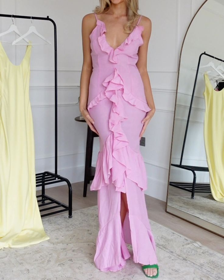 Rosa Spaghettiträger Rüschen Maxikleid Langes Partykleid Abendkleid nv2695