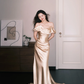 Off Shoulder Draped Satin Mermaid Evening Dress, Champagne Gold Formal Gown  NV7357