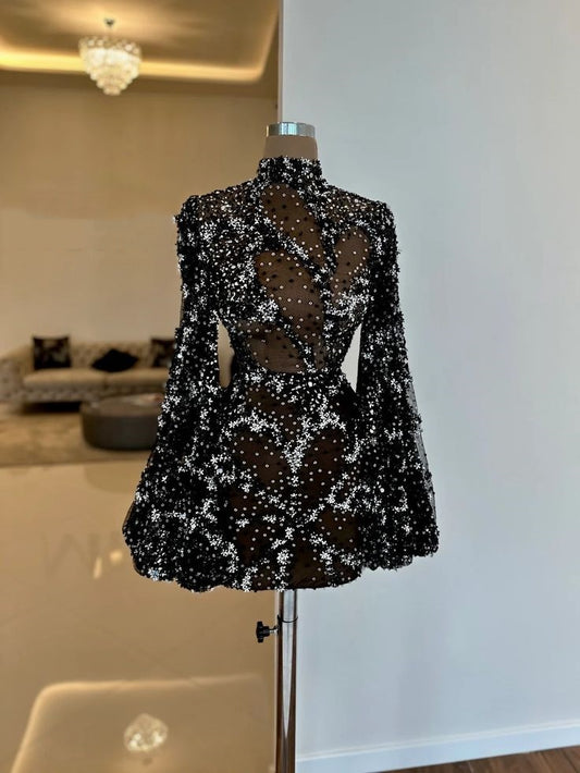 Black gorgeous fashion unique shiny sequins short long sleeve see-through ball gown evening dress party dress nv3232