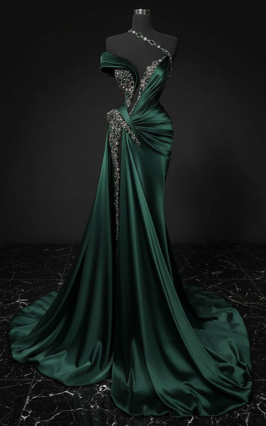 Green Luxurious Satin Long Dress with Exquisite Beading NV6685