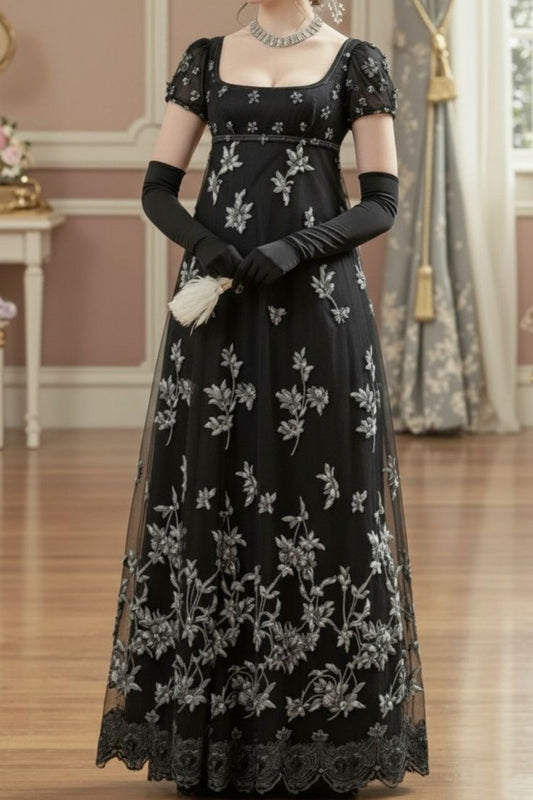 NiceVestidos – Retro-schwarzes Empire-Kleid mit kurzen Ärmeln und Blumenmuster, hohe Taille, langes Chiffon-Ballkleid mit quadratischem Ausschnitt, NV5880