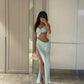 Green fashion simple exquisite long satin sexy slit waist evening dress party dress nv3512