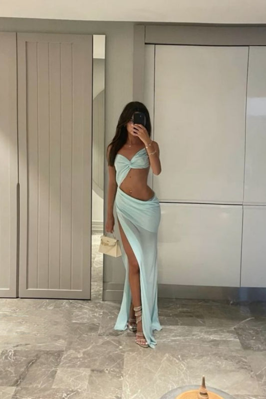 Grüne Mode schlichte exquisite lange Satin sexy Schlitz Taille Abendkleid Partykleid nv3512