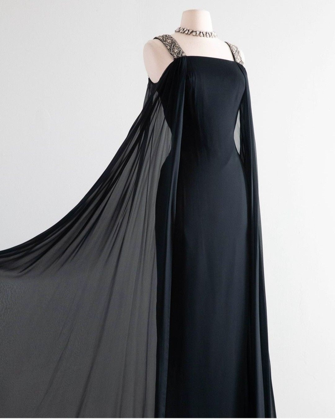 Black Satin Tulle Cape-Sleeve Square Neck Embellished Vintage Elegant Gown NV6255