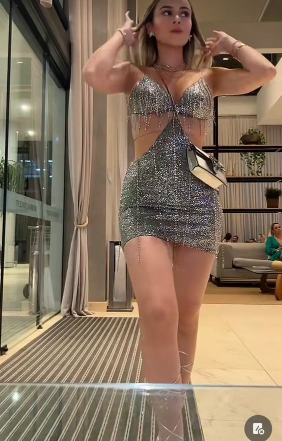 Silber Pailletten Hohl Sexy Hosenträger Strass Kette Kleid nv1950