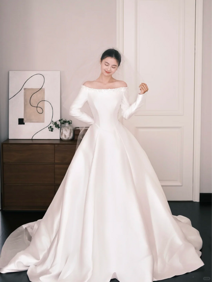 Off The Shoulder Long Sleeve Satin Ballgown Wedding Dress Bridal Gown  NV7199