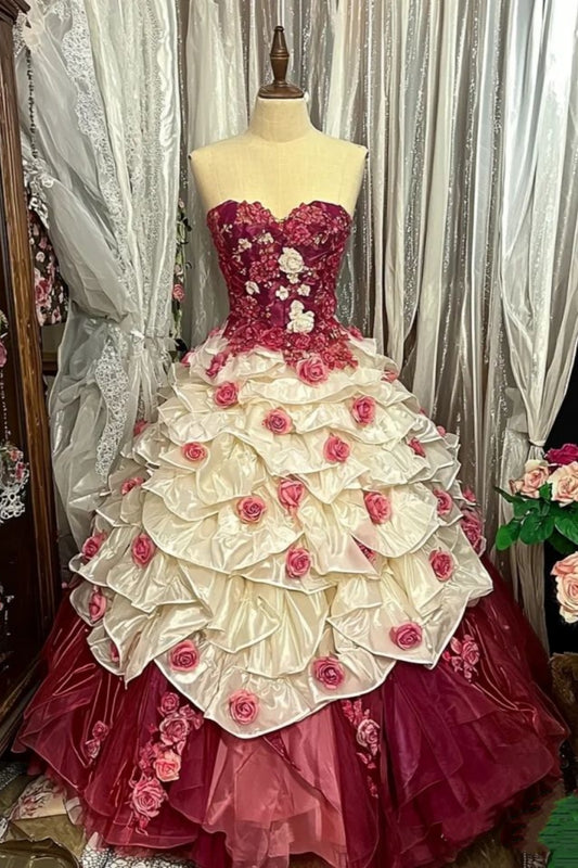 Burgundy & Cream Contrast Rose Ball Gown: Bandeau Neck, 3D Floral Trim, Evening Romantic Maxi Dress NV6437