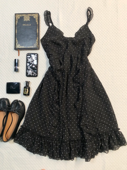 Black White Polka Dot Spaghetti Strap Short Homecoming Dress V Neck Ruffle Chiffon Vintage Cocktail Gown  NV6921