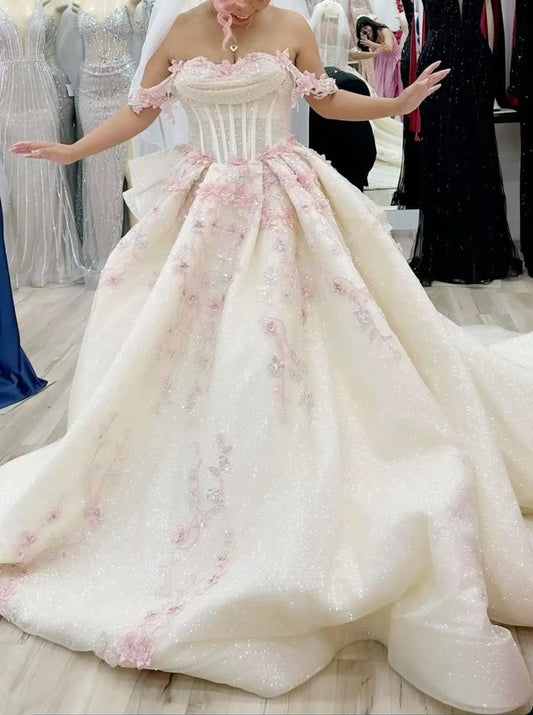 NiceVestidos--White Pink Floral Shiny Elegant Long Tulle Ball Gown Wedding Dress NV5834