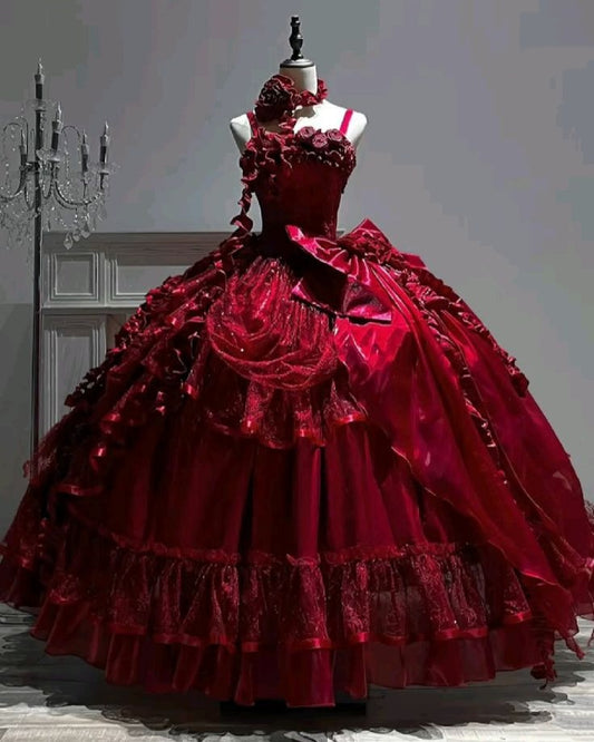 Retro Palace-style Red Dress: Satin Fabric, Multi-layer Skirt, Party Centerpiece Dress NV6436