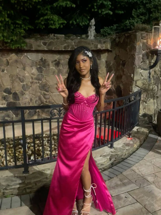 Rosa Maxikleid mit Perlenapplikationen, langes Ballkleid, Abendkleid nv2684