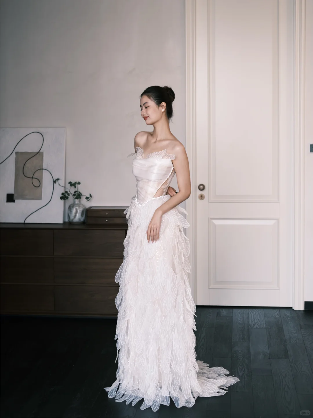 Off Shoulder Sheer Leaf Petal Tulle Bridal Gown, Boned Corset Wedding Dress  NV7362