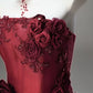 NiceVestidos-Burgundy 3D Floral Tulle Strapless Sleeveless Floor-Length Train Ball Gown NV6181