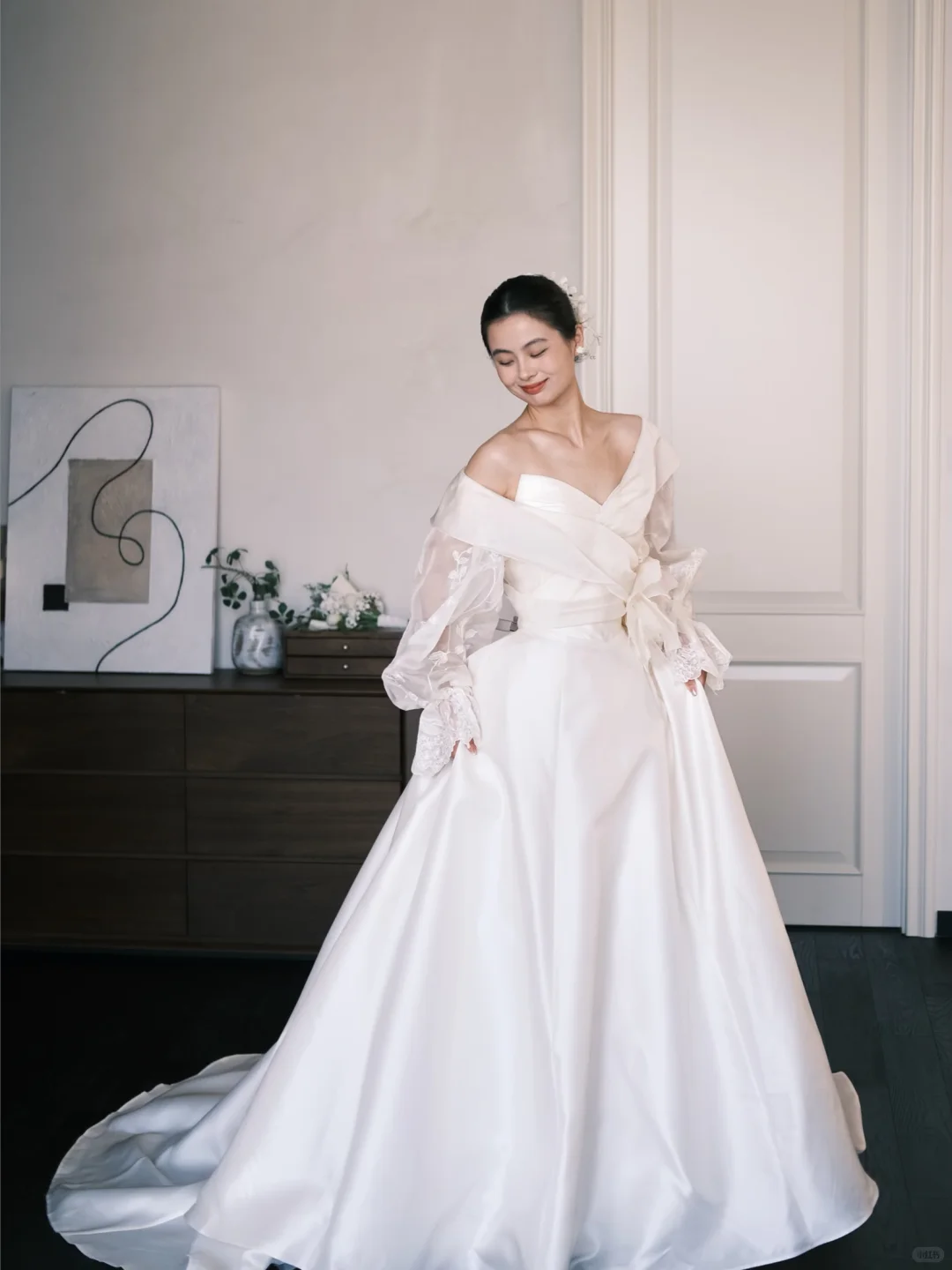 Off Shoulder Fold Satin Ballgown Wedding Dress with Lace Puff Sleeves  NV7368