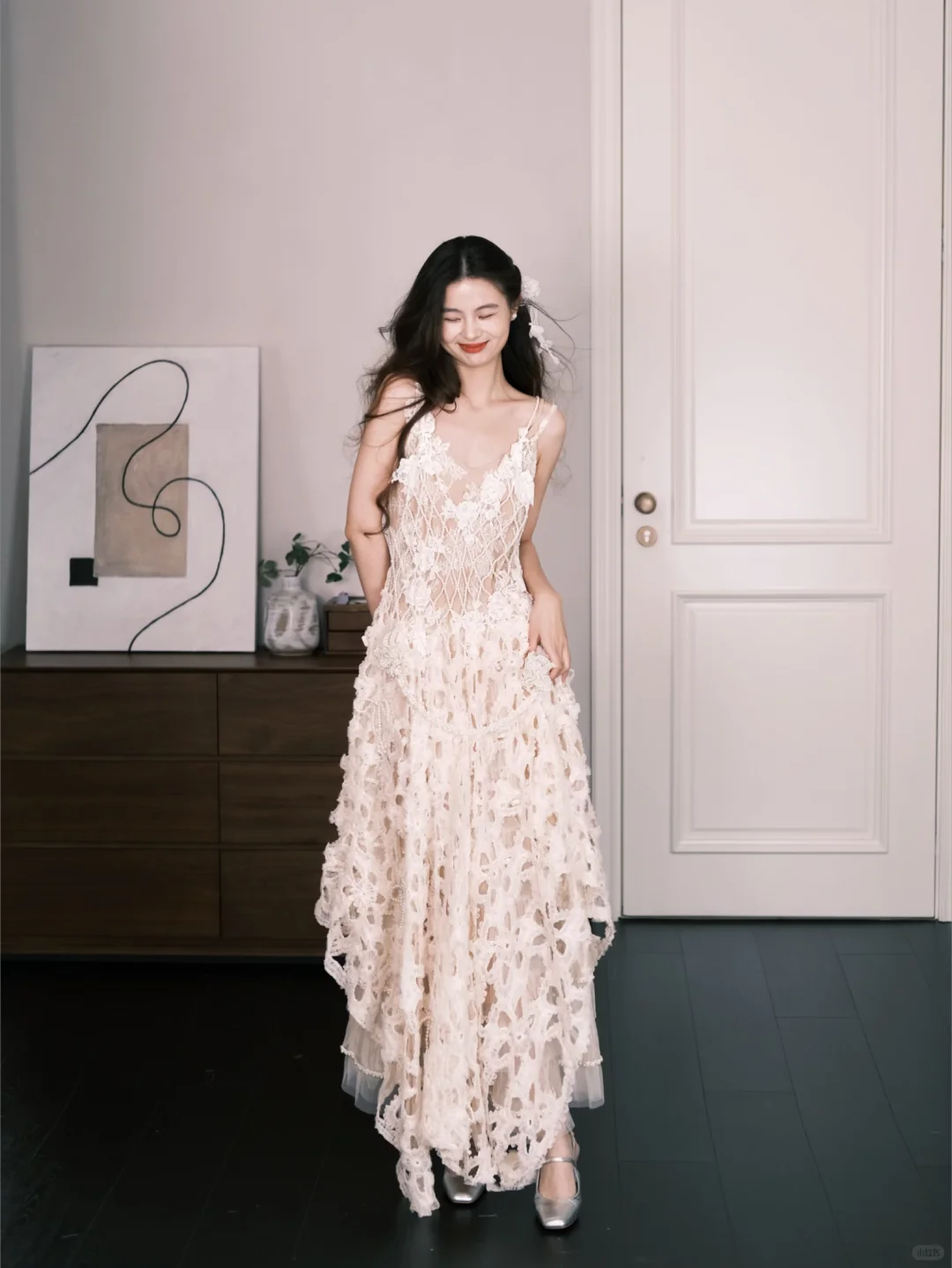 Spaghetti Strap Bohemian Lace Wedding Dress, Cutout Floral Bridal Gown  NV7289