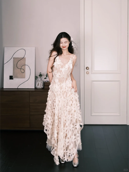 Spaghetti Strap Bohemian Lace Wedding Dress, Cutout Floral Bridal Gown  NV7289