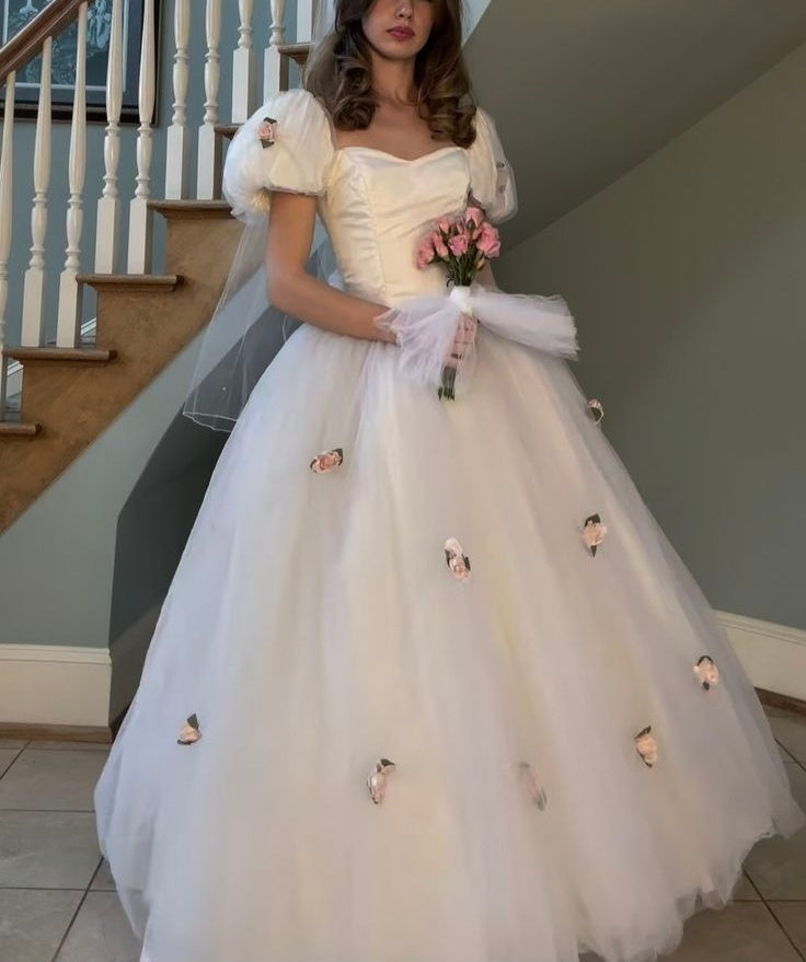 NiceVestidos--(Including veil)White pink floral princess tulle long ball gown simple wedding dress NV5828