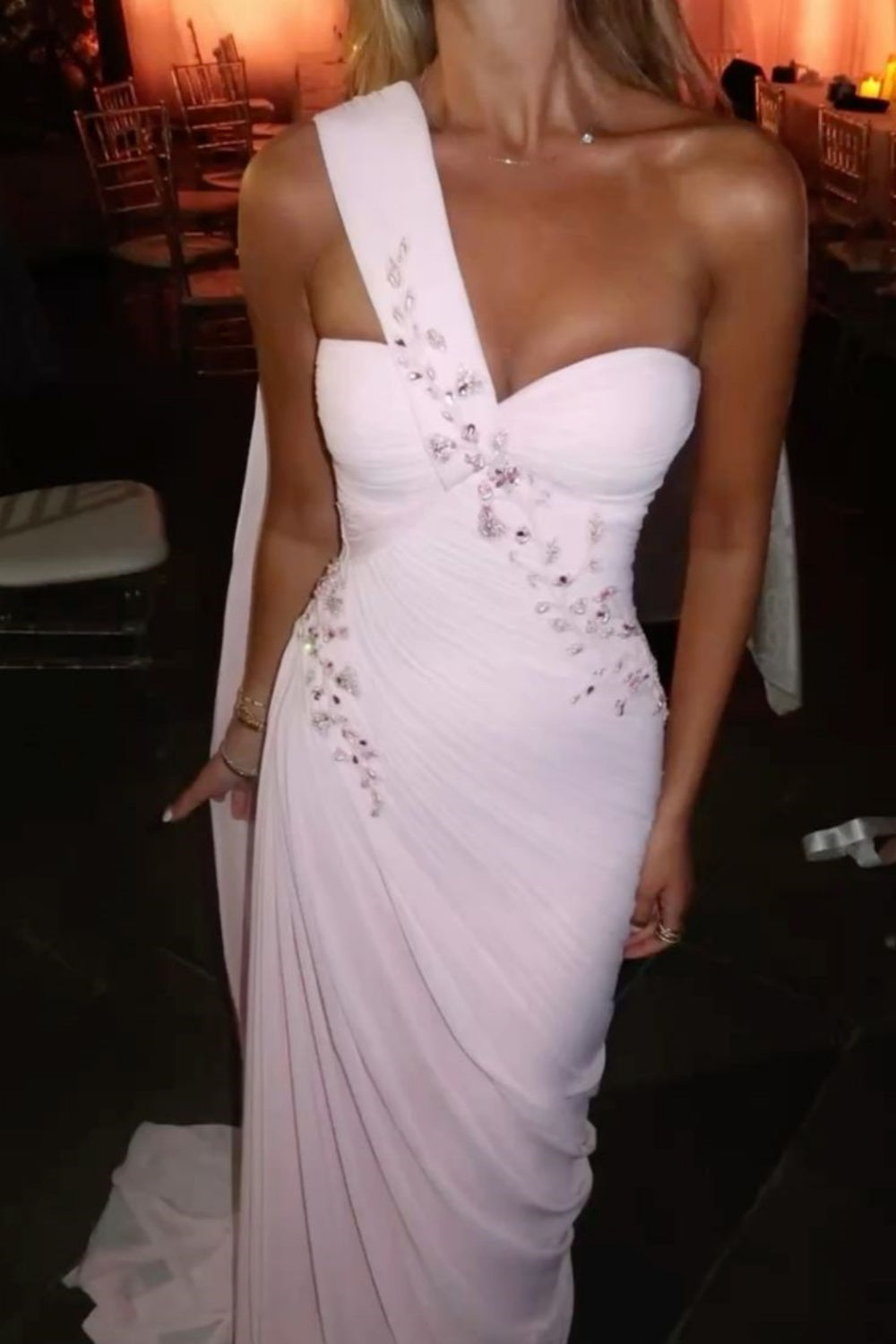 Pink floral elegant sweetheart neckline off-the-shoulder long chiffon prom dress evening gown nv5217