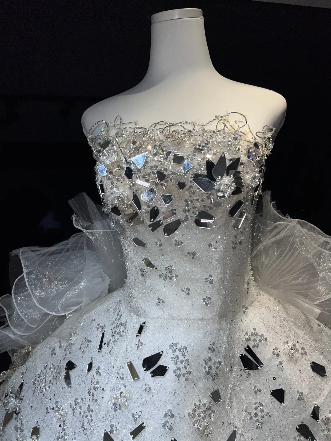 White Avant-Garde Ruffled Tulle Long Train Gown Strapless Rhinestone Crystal Prom Dress  NV7081