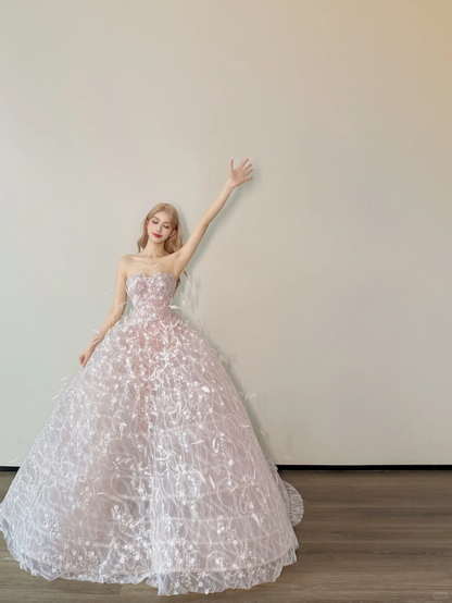 Light Pink Strapless Sweetheart Prom Gown Floral Beaded 3D Feather Sheer Tulle A Line Evening Dress  NV7153