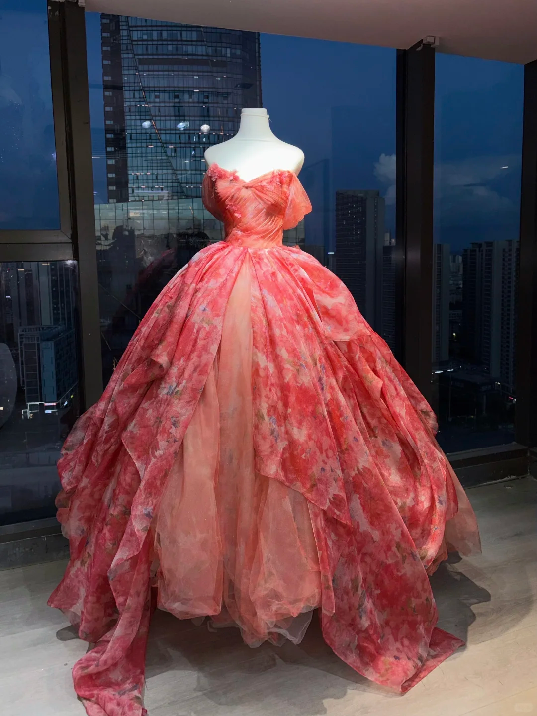 Off Shoulder Orange Red Floral Print Tulle Prom Dress Sweetheart Ruched Layered Ball Gown  NV6990