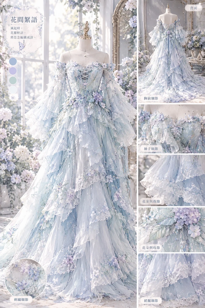 Pastel Blue Floral Butterfly Lolita Prom Dress, Sweetheart Neck Detachable Flare Sleeve Tiered Tulle Gown  NV7453