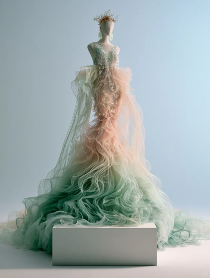 Pink Mint Green Gradient Spaghetti Strap Beaded Mermaid Gown  NV7477