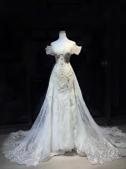 Off Shoulder White Mermaid Wedding Gown Lace Appliques Hand Beading Sparkle Tulle Long Train  NV7049