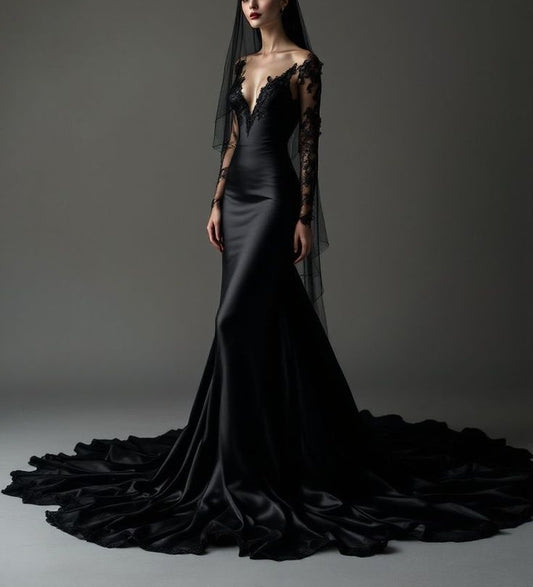 NiceVestidos-_Black Stylish Satin Long Train Ball Gown/Evening Dress NV6024