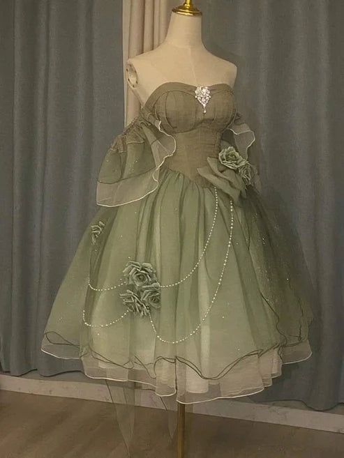 Green Cute Off Shoulder A Line Floral Short tulle Party Dress Mini Birthday Dress Homecoming Dress Prom Dress nv4172