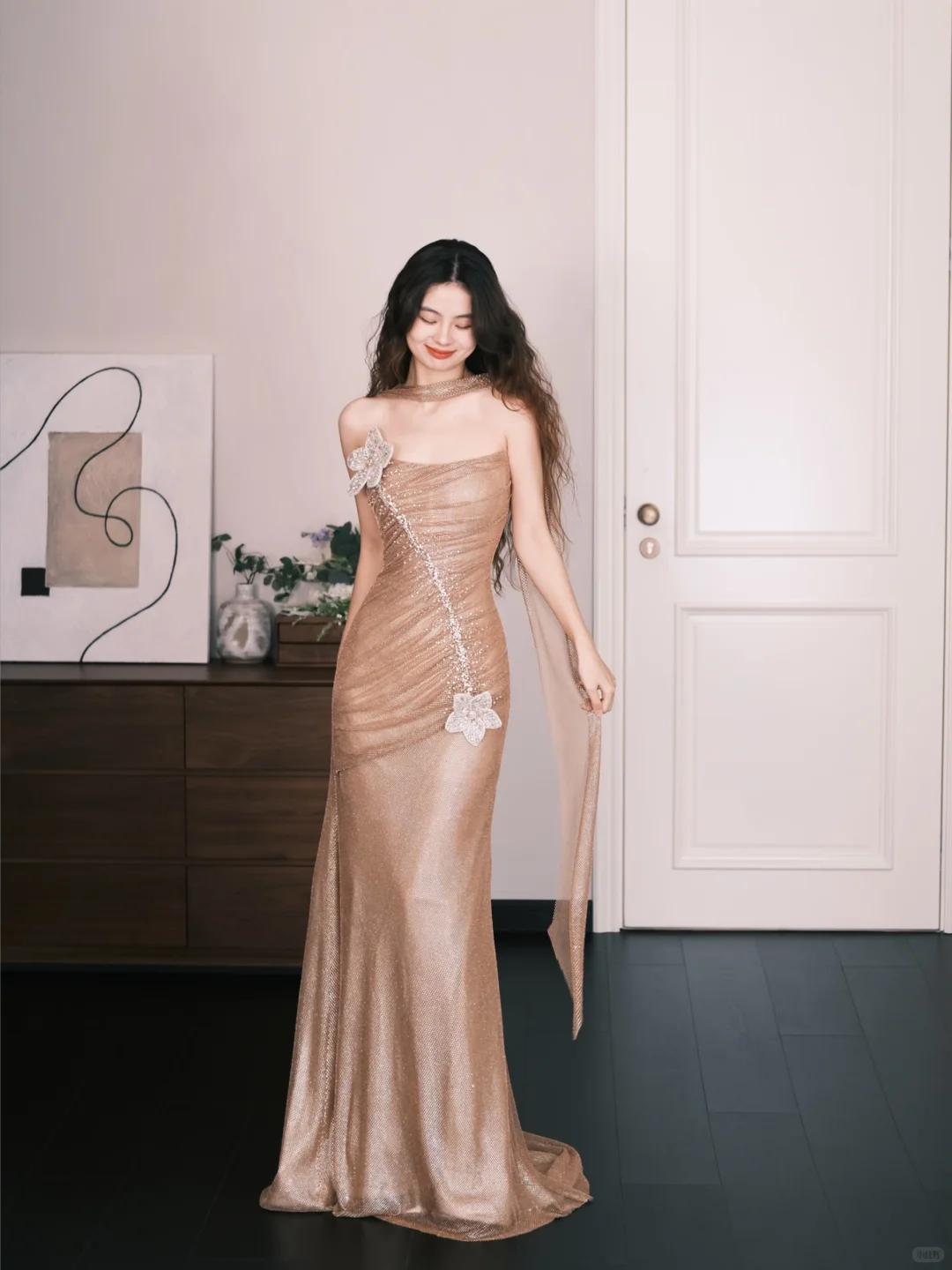 Strapless Champagne Glitter Mermaid Prom Dress with 3D Beaded Flowers  NV7341