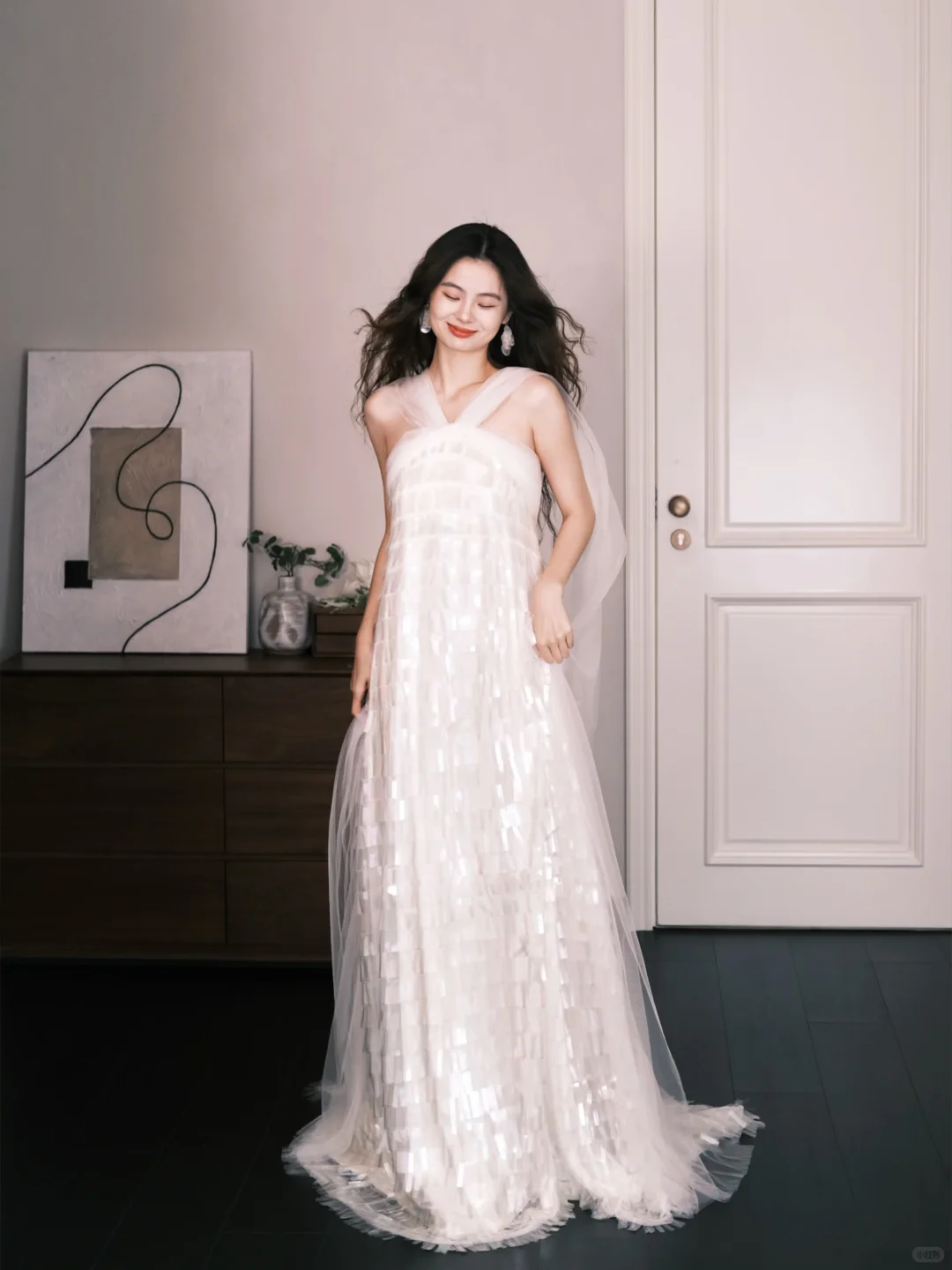 Cross Halter White Sequin Tulle Prom Dress, Sparkly Flowy Long Evening Gown  NV7307