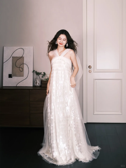 Cross Halter White Sequin Tulle Prom Dress, Sparkly Flowy Long Evening Gown  NV7307
