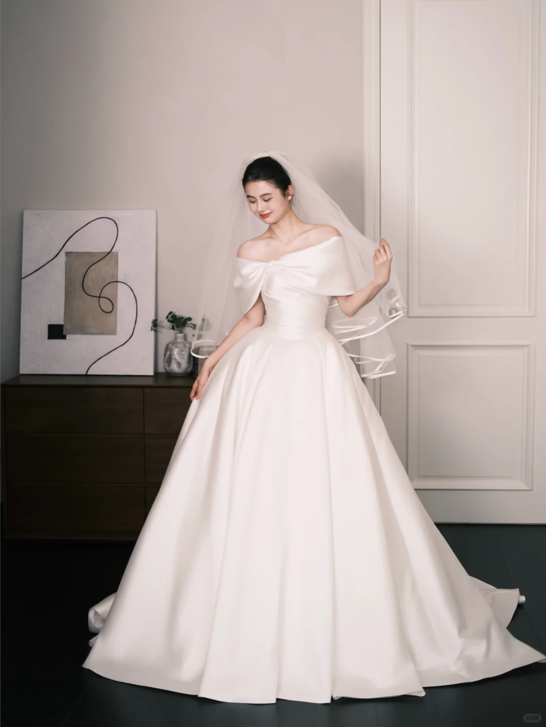 Off Shoulder Twist Ruched Satin Wedding Dress with Long Train  NV7376