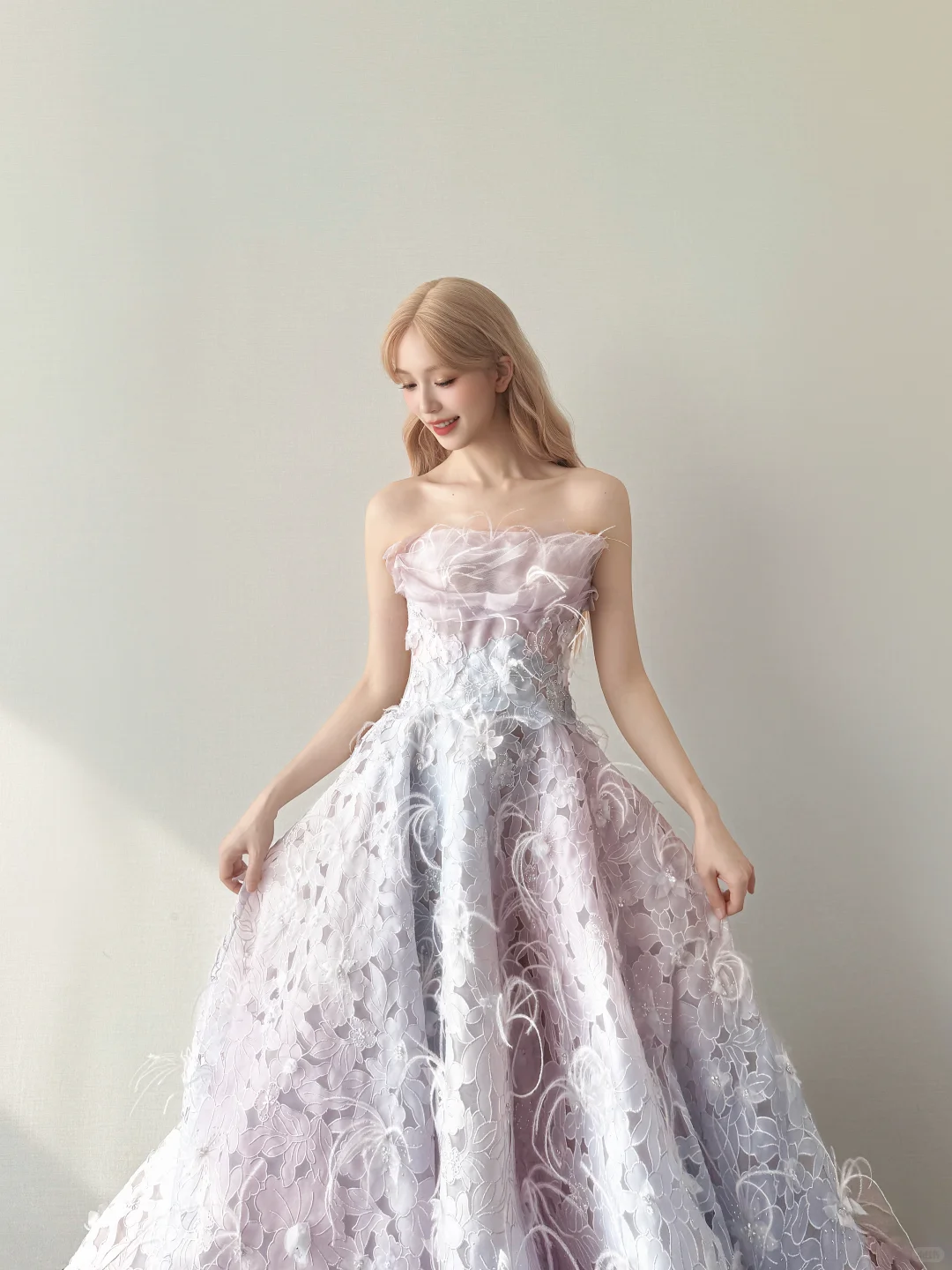 Pink Purple Ombre Off Shoulder Prom Gown Detachable Puff Sleeve 3D Floral Lace A Line Evening Dress  NV7158