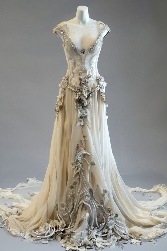 Robe de soirée élégante en tulle, col en V, motif floral, style vintage, blanc ivoire, longueur au sol, robe de mariée, nv3756