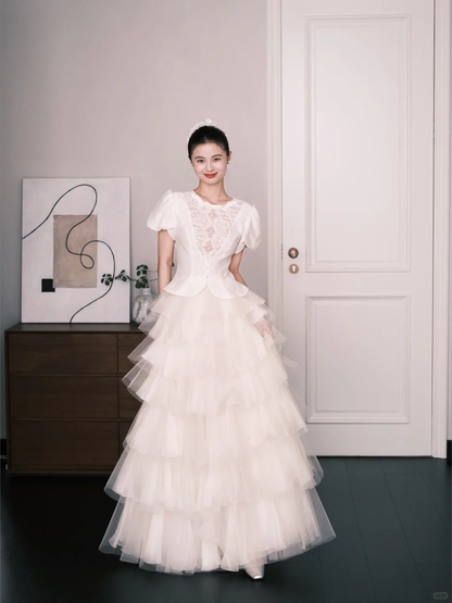 Vintage Tiered Tulle Wedding Dress Ivory Puff Sleeve Lace Bridal Gown  NV7252