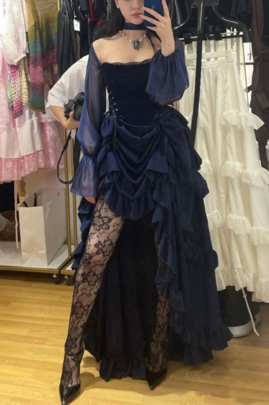 NiceVestidos-Navy Blue Velvet Asymmetrical Layered Ruffle Gothic-Style Gown NV6214