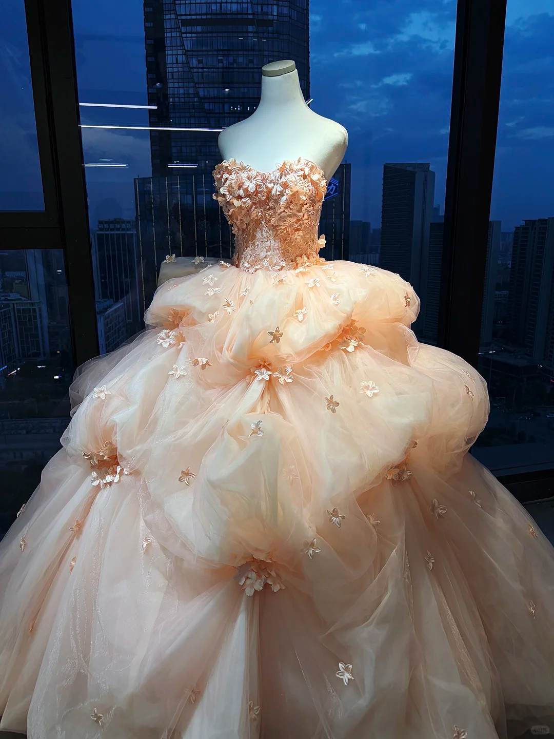 Strapless Peach Sweetheart Ball Gown Hand Beaded 3D Flower Layered Tulle Prom Dress  NV7041