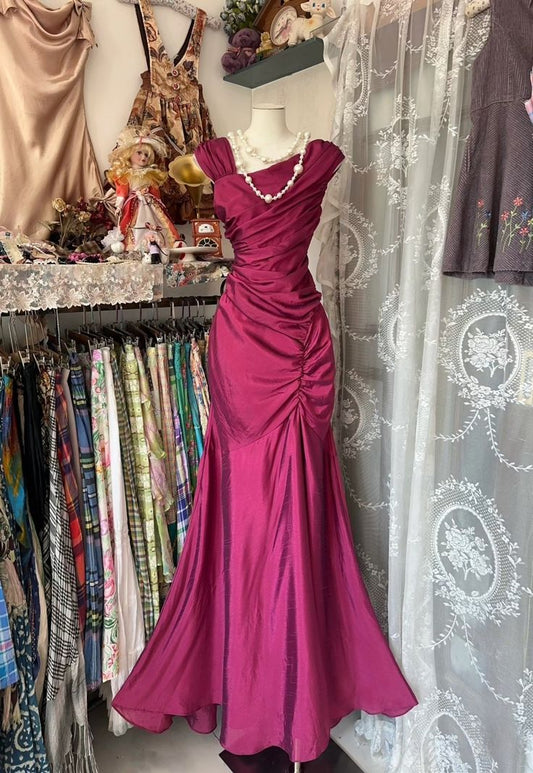 Pink Fashion Vintage Long Sleeveless Mermaid Satin Long Prom Gown Evening Dress Party Dress nv3573