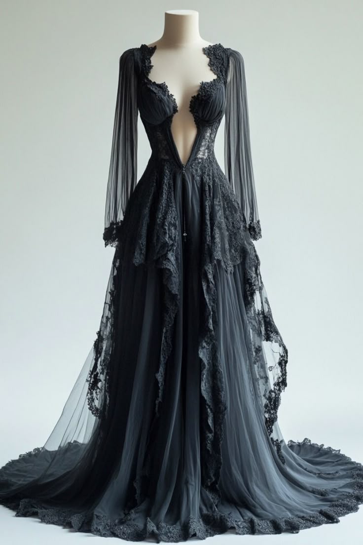 Black Lace & Tulle Long-Sleeve Deep V Dark Gothic Vintage Tiered Train Gown NV6257