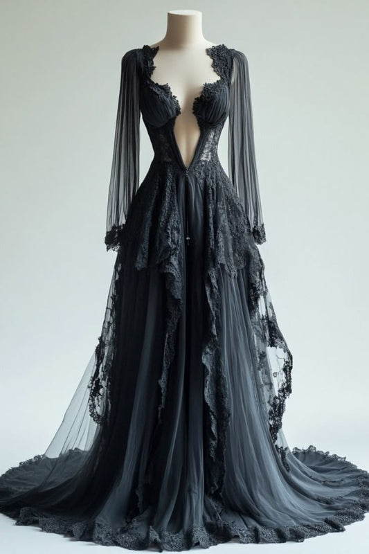 Black Lace & Tulle Long-Sleeve Deep V Dark Gothic Vintage Tiered Train Gown NV6257