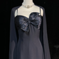 Navy Spaghetti Strap Midi Homecoming Dress Satin Bodice Rhinestone Bow Chiffon A-Line Vintage Cocktail Evening Gown  NV6909